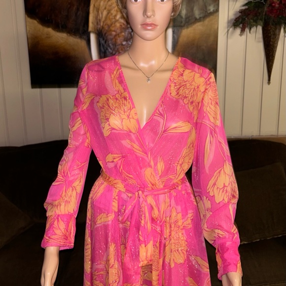 Alexa B Nites • Size 8 • Pink/Orange • Floral Dress • Silver Metallic Thread - Picture 6 of 14